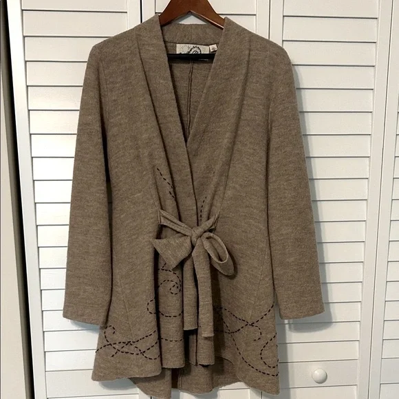 Anthropologie Tan Cardigan with brown Accents 100% wool - Picture 1 of 11